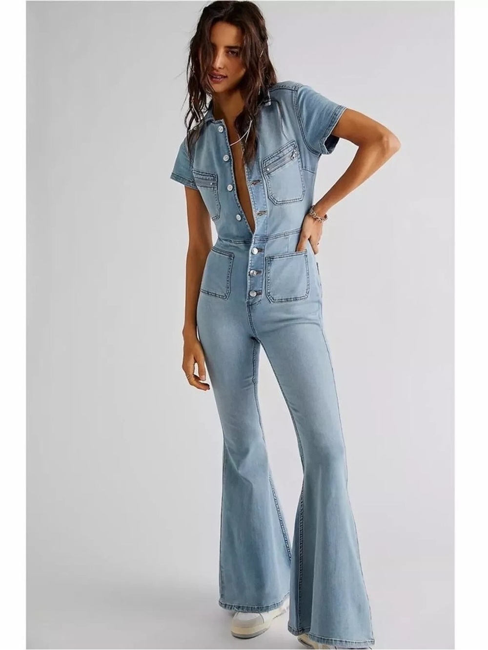Free People Light Blue Denim Flared Jumpsuit